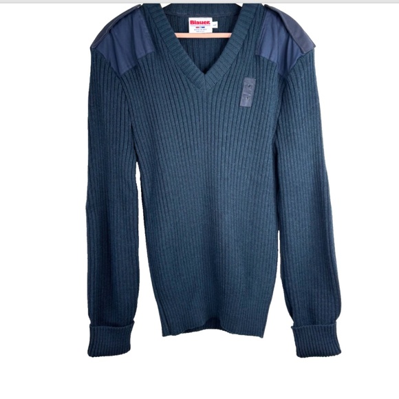 VTG Blauer Commando 220 VNeck Sweater L Dark Navy Wool USA Police Military Patch - Picture 1 of 9